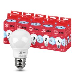 Лампа светодиодная ЭРА RED LINE LED A55-8W-840-E27 R 8Вт груша нейтральный белый свет Е27 | Лампы cветодиодные Груша (A)