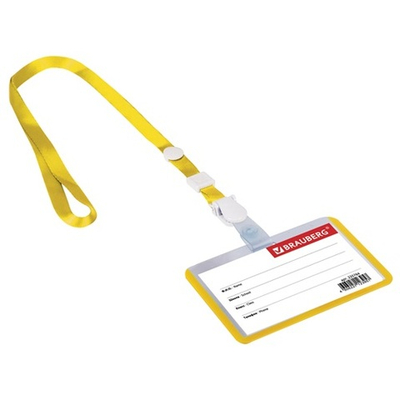 Бейдж школьника горизонтальный (55х90мм), на ленте со съемным клипом, ЖЕЛТЫЙ, BRAUBERG
