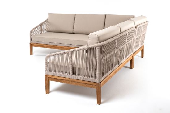 "Канны" диван модульный плетеный из роупа, основание дуб, роуп бежевый круглый, ткань бежевая 15052