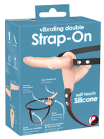 Телесный двойной вибрострапон с вибрацией Vibrating Double Strap-On - 15 см. (Цвет: телесный)