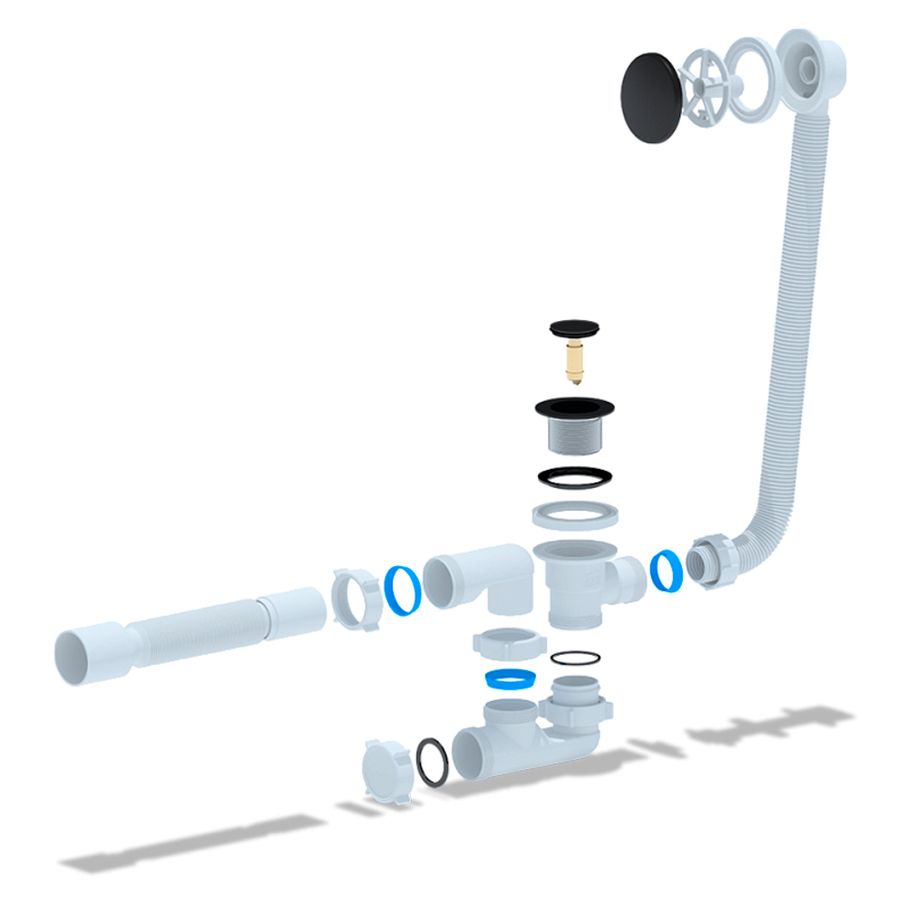 Сифон для ванны АНИ Пласт EC255BL 1 1/2 дюйма 40 мм клик-клак с переливом и гибкой трубой 40х50 мм (EC255BL)