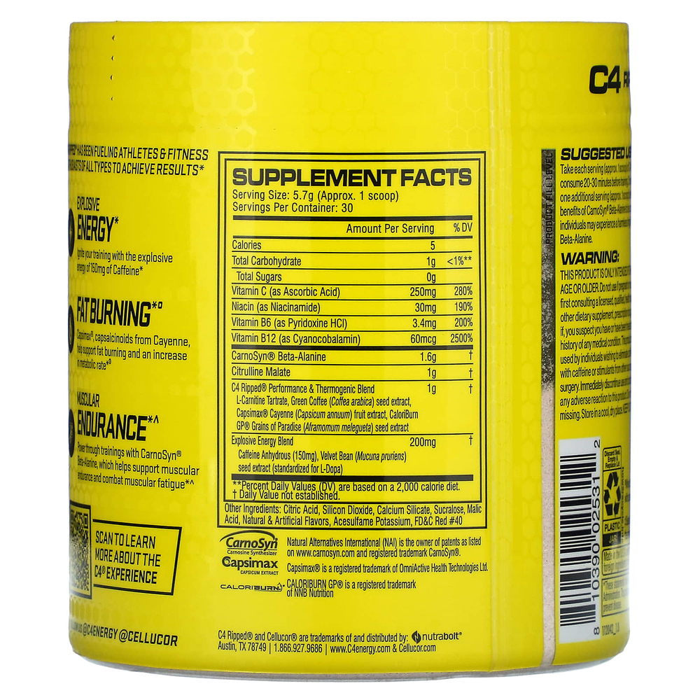 C4 / Cellucor, C4 Ripped, перед тренировкой, вишневй лаймад, 6,34 унц. (180 г)
