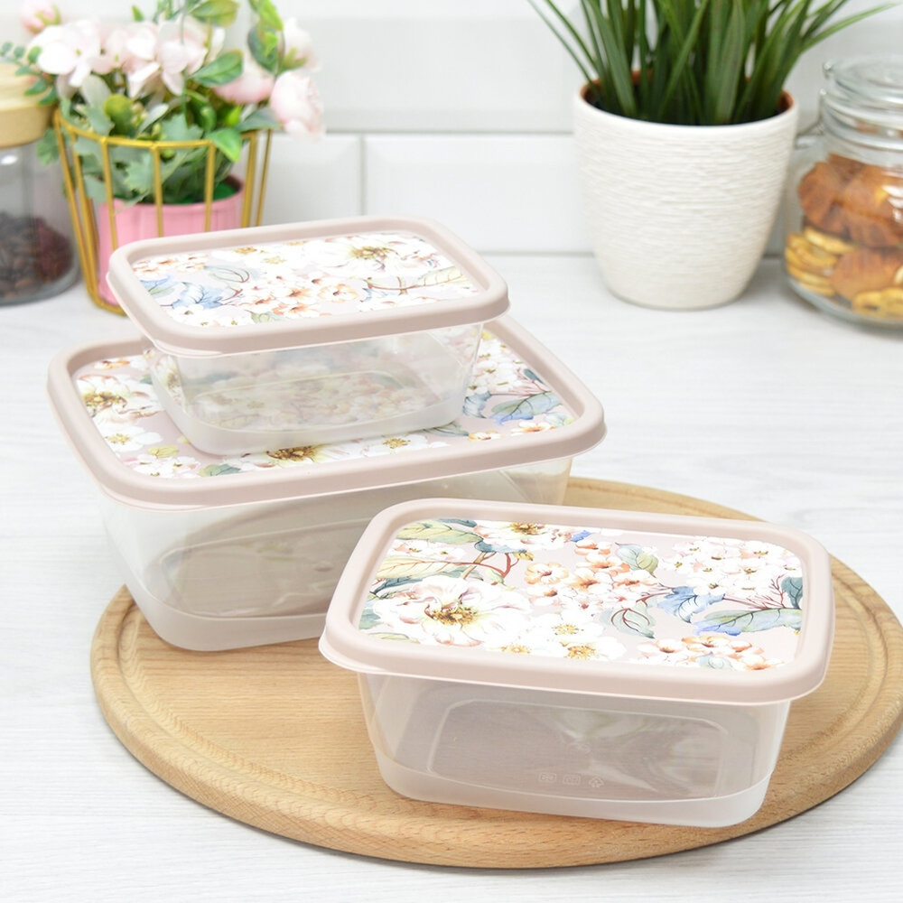 Комплект контейнеров для продуктов 3шт (0,5л; 0,85л; 1,5л), прямоугольные с декором (бежевый)
