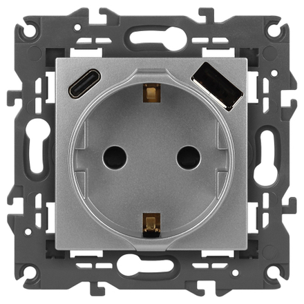 Розетка ЭРА Elegance 14-4108-03 2P+E 16A-250В со шторками с USB type-A+C 5В-3А алюминий