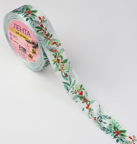 Лента атласная 25мм Рождественский венок, 10324256