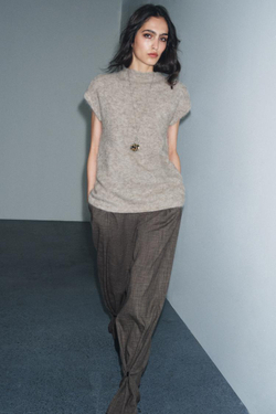 ZARA ТОП ИЗ ВОРСИСТОГО ТРИКОТАЖА С АЛЬПАКОЙ, СЕРО-КОРИЧНЕВЫЙ