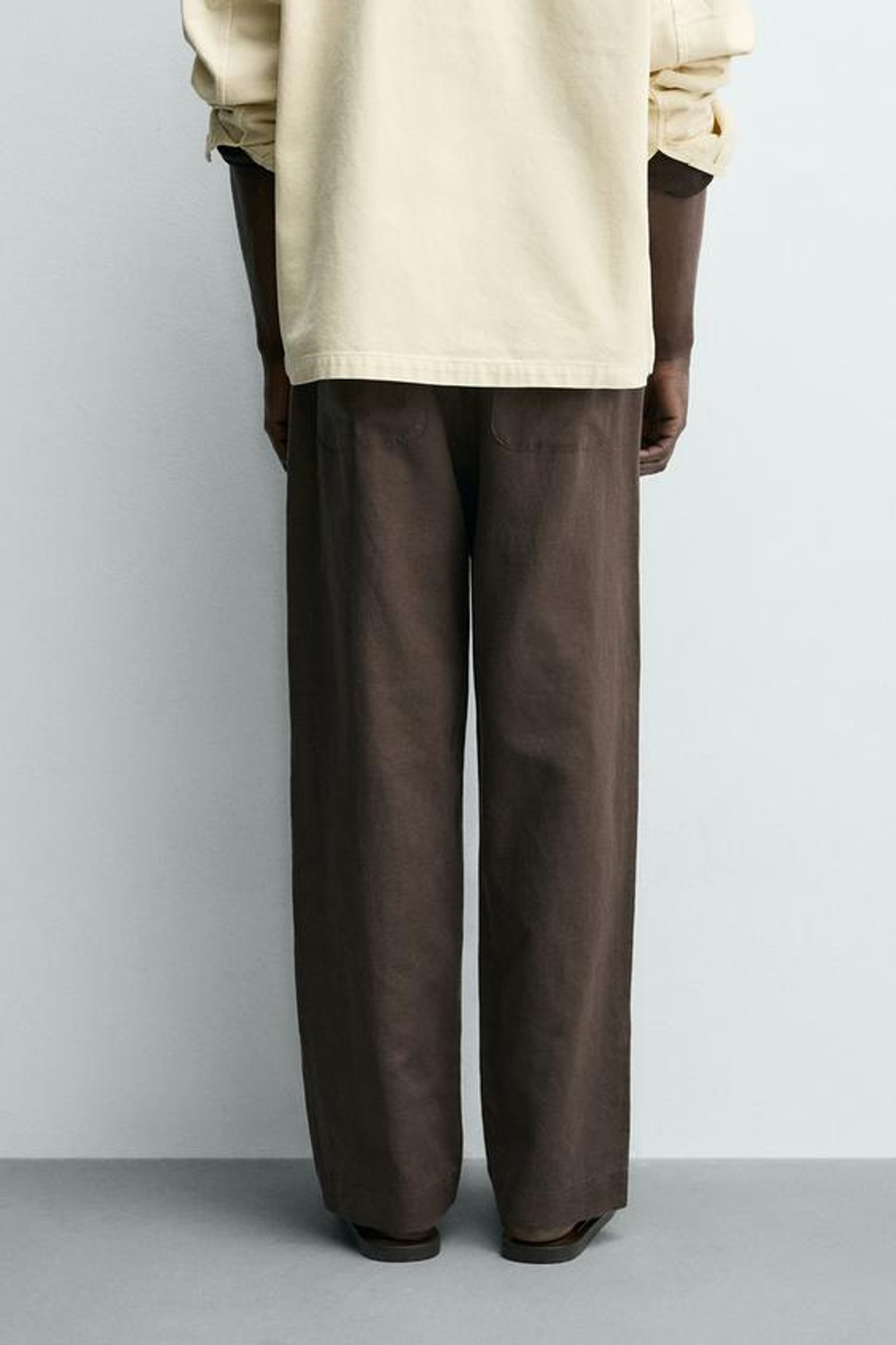 ZARA БРЮКИ STRAIGHT FIT ИЗ КОНОПЛИ И ХЛОПКА, КОРИЧНЕВЫЙ