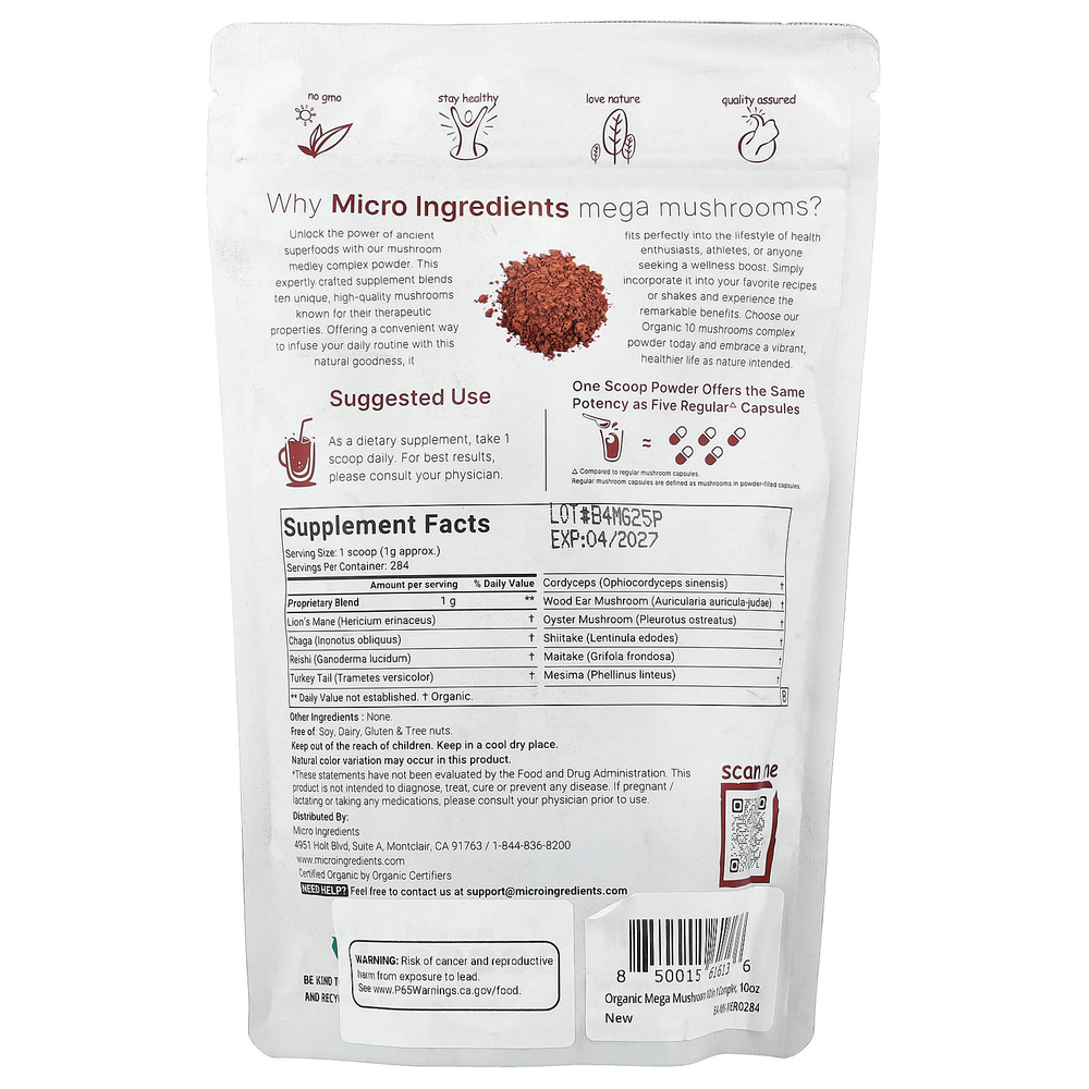 Micro Ingredients, Порошок из органических грибов, 284 г (10 унций)