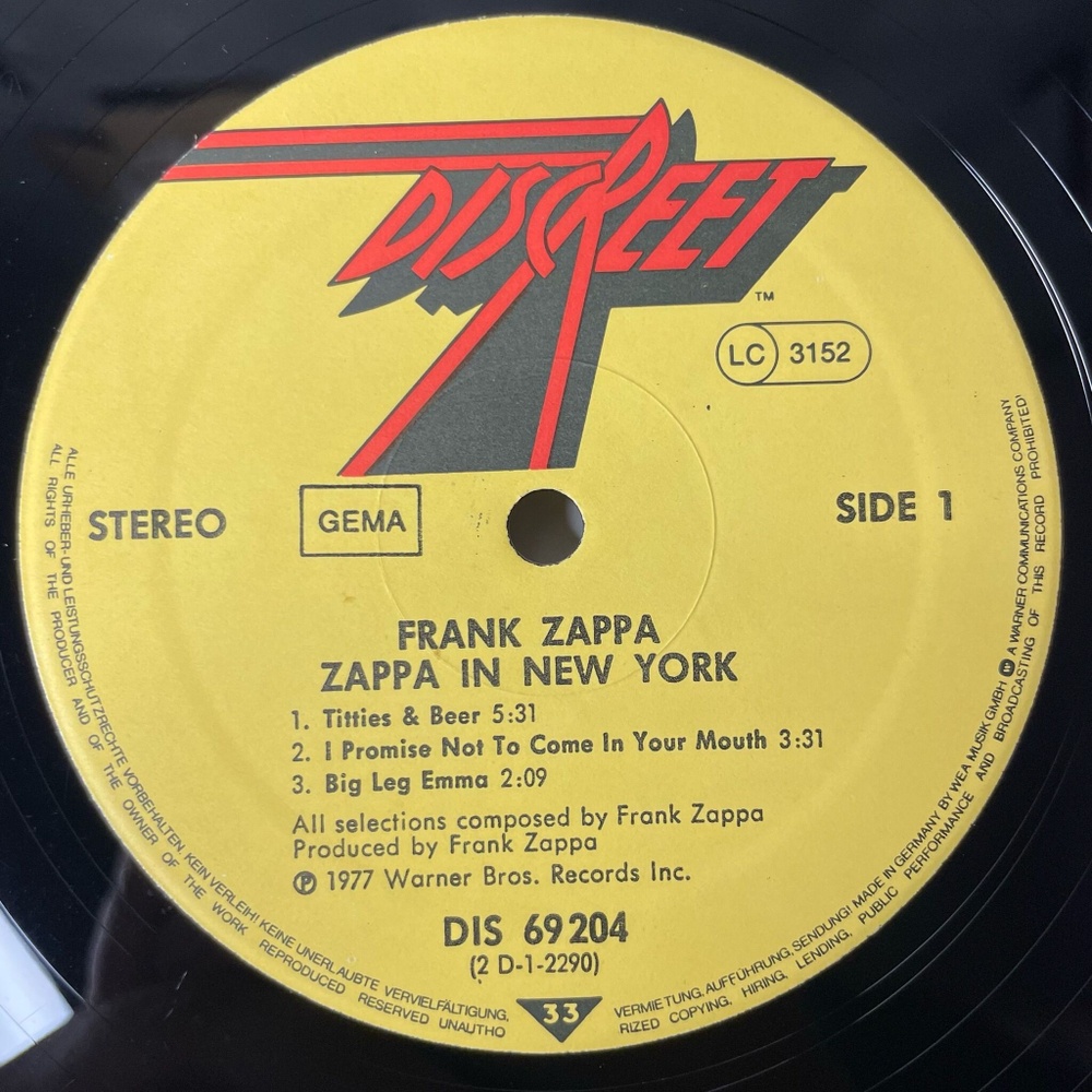 Винтажная виниловая пластинка LP Frank Zappa In New York (Germany 1977)