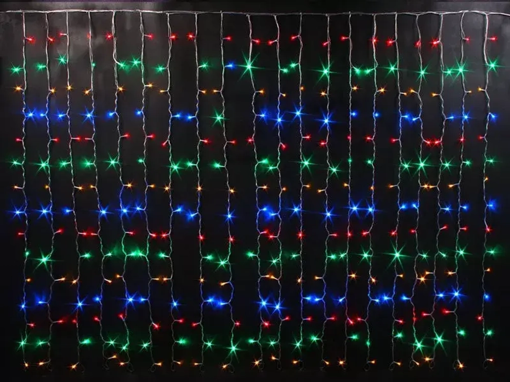 Светодиодный облегченный занавес 2*1.5 м., 220V, 300 разноцветных LED ламп, прозрачный ПВХ провод, Rich LED (RL-CS2*1.5-T/M)