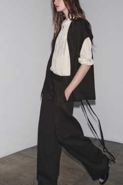 ZARA БРЮКИ ИЗ СМЕСОВОГО ЛЬНА С ЗАЩИПАМИ — ZW COLLECTION, КОРИЧНЕВЫЙ