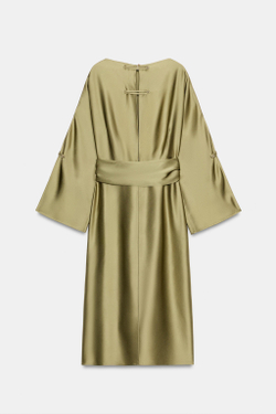 ZARA АТЛАСНОЕ ПЛАТЬЕ МИДИ — ZW COLLECTION, ОЛИВКОВЫЙ