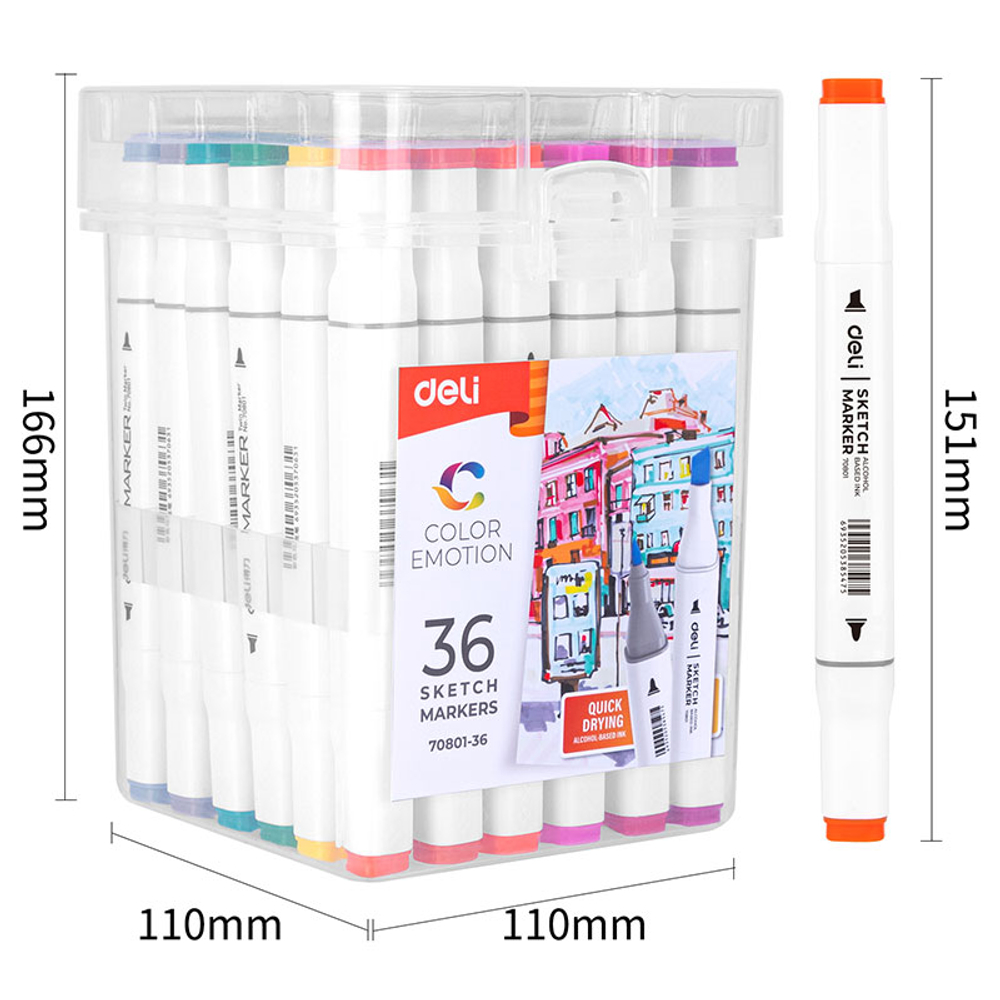 Набор маркеров для скетчинга DELI, двухсторонний 1/7 мм, 36 цветов, пластиковая коробка