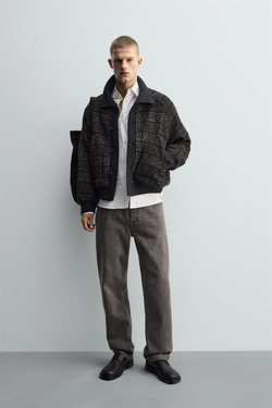 ZARA КУРТКА С ВОРОТНИКОМ И РУБЧИКОМ, ЧЕРНЫЙ/КОРИЧНЕВЫЙ