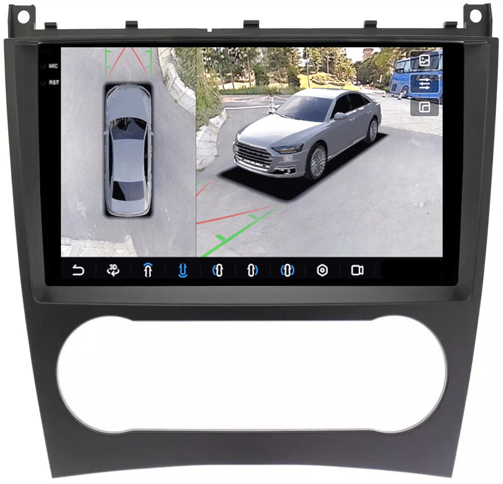 Магнитола для Mercedes-Benz C W203 2004-2007 - FarCar BX1262M-360 монитор 9.5" 2K QLED на Android 13, 6Гб+128Гб, CarPlay, 4G SIM-слот, 4 камеры в комплекте