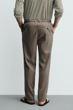 ZARA БРЮКИ RELAXED FIT ИЗ ХЛОПКА И ЛЬНА, СЕРО-КОРИЧНЕВЫЙ