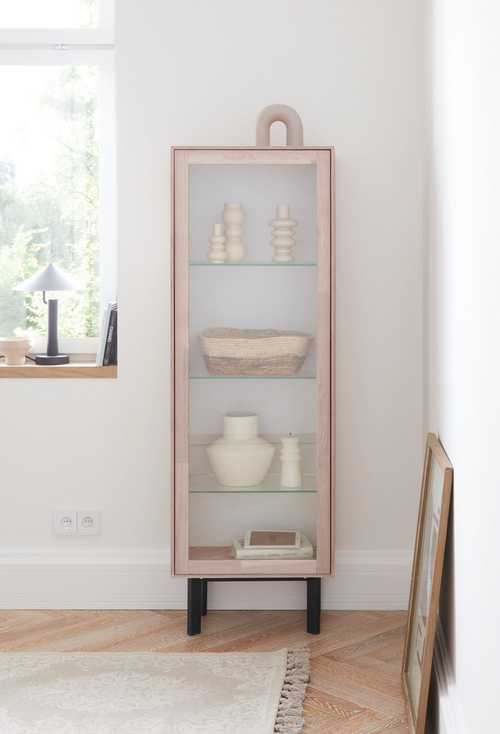 Шкаф-витрина дизайнерская из массива дуба Виби 151х50х31 в стиле лофт, на металлических ножках