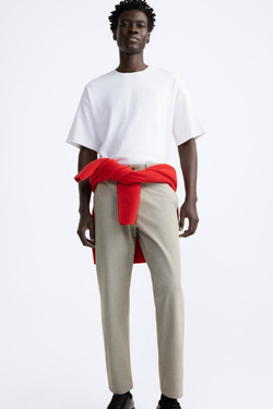 ZARA БРЮКИ КОМФОРТНОЙ ПОСАДКИ ИЗ РЕЛЬЕФНОЙ ТКАНИ, СЕРО-КОРИЧНЕВЫЙ