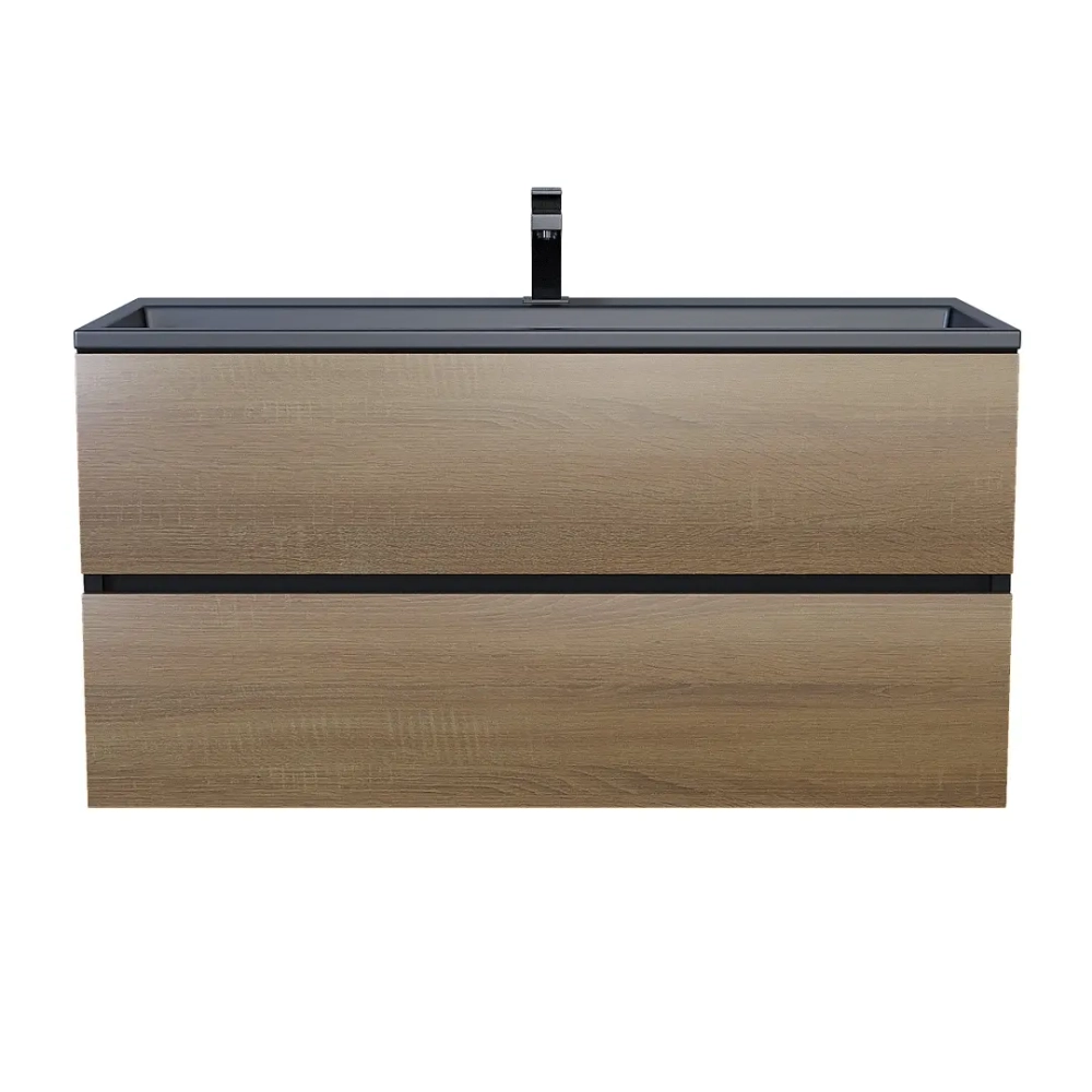 Тумба с раковиной Uperwood Barsa 100 см, раковина черная глянцевая, подвесная тумба черная/дуб сонома