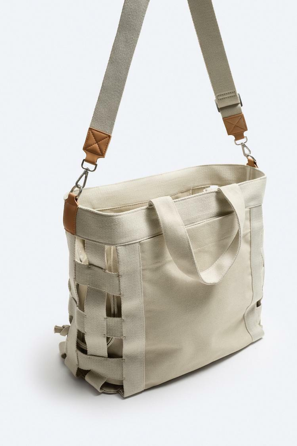 ZARA ПЛЕТЕНАЯ ХОЛЩОВАЯ СУМКА-ШОПЕР, БЕЛЫЙ ЭКРЮ