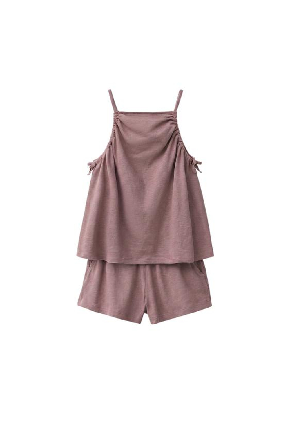 ZARA КОМПЛЕКТ ИЗ ТОПА И ШОРТОВ С ХЛОПКОМ И ЛЬНОМ, СЕРОВАТО-КОРИЧНЕВЫЙ