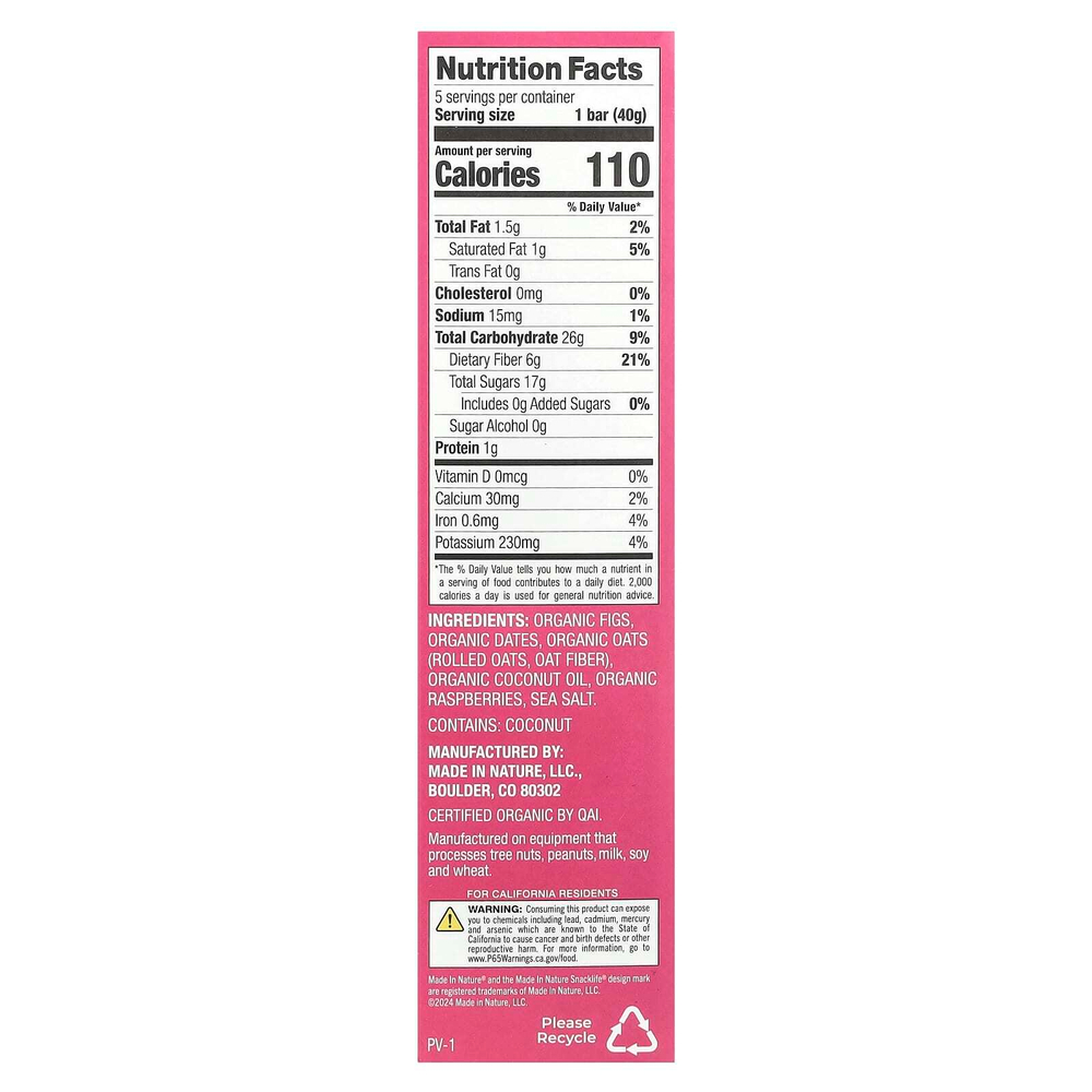 Made in Nature, Fig 'N' Oats®, малина, 5 батончиков в индивидуальной упаковке, 40 г (1,4 унции) каждый