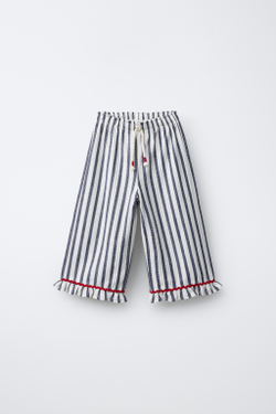 ZARA БРЮКИ В ПОЛОСКУ С ВОЛАНАМИ, МОРСКОЙ СИНИЙ