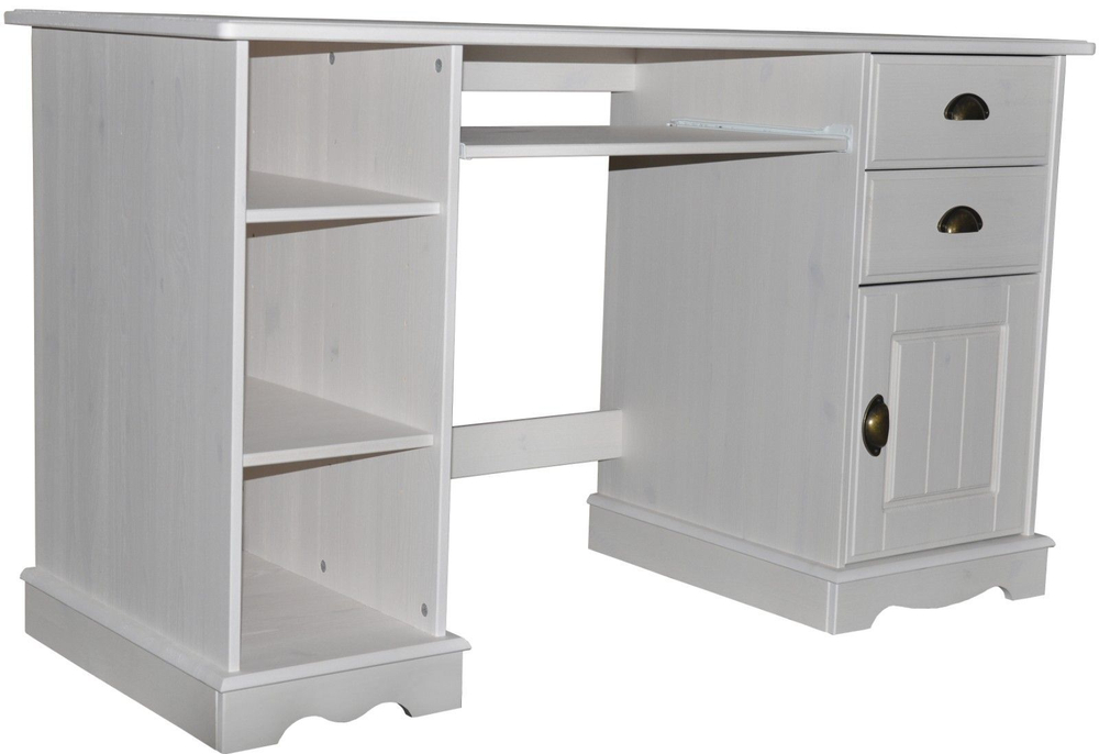 Письменный стол Клаудиа с ящиками, тумбой и полками из массива сосны, белый