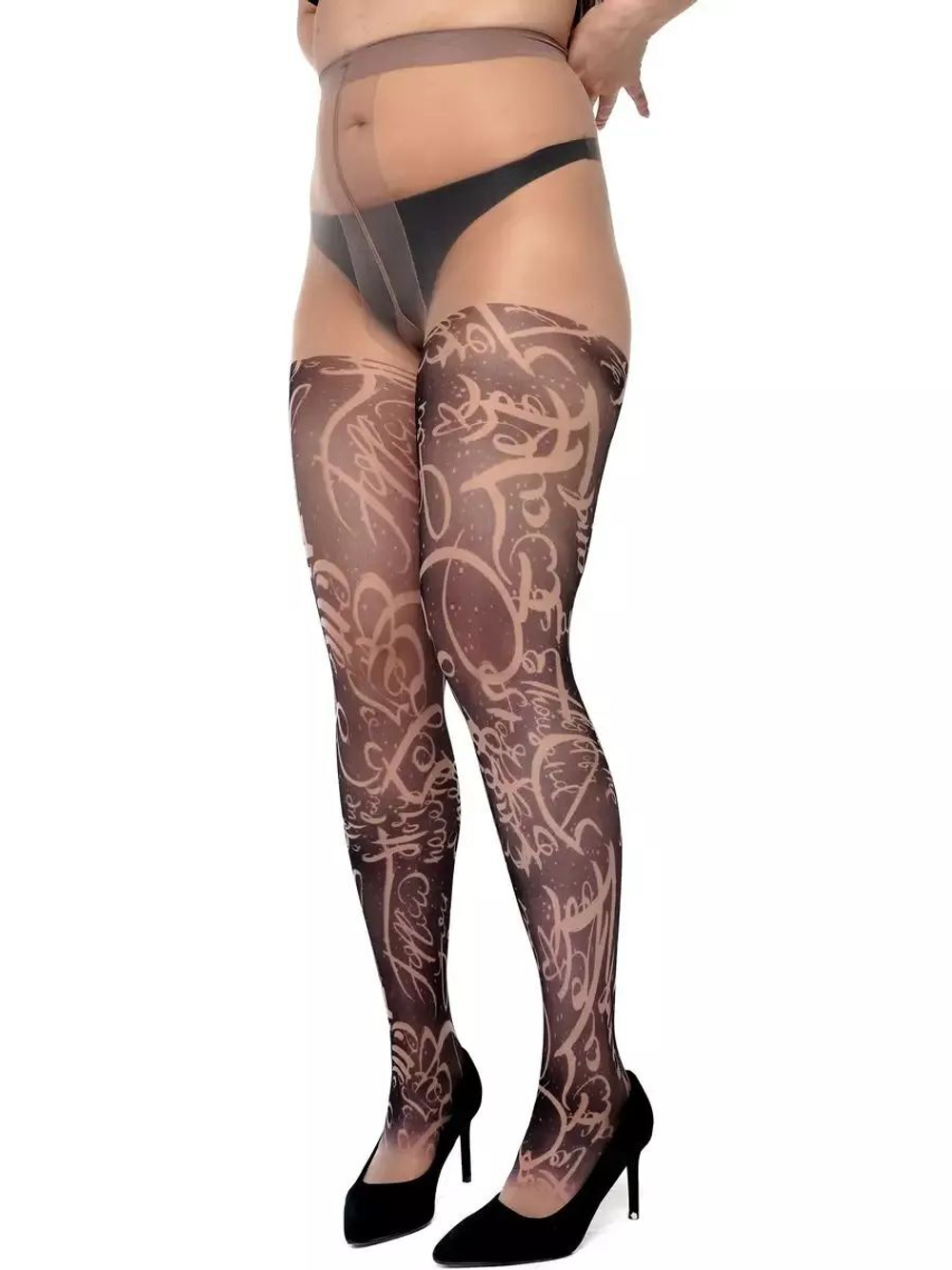 Колготки +size с принтом-имитацией чулок (Размер: XL-XXL-XXXL) (Цвет: бежевый)