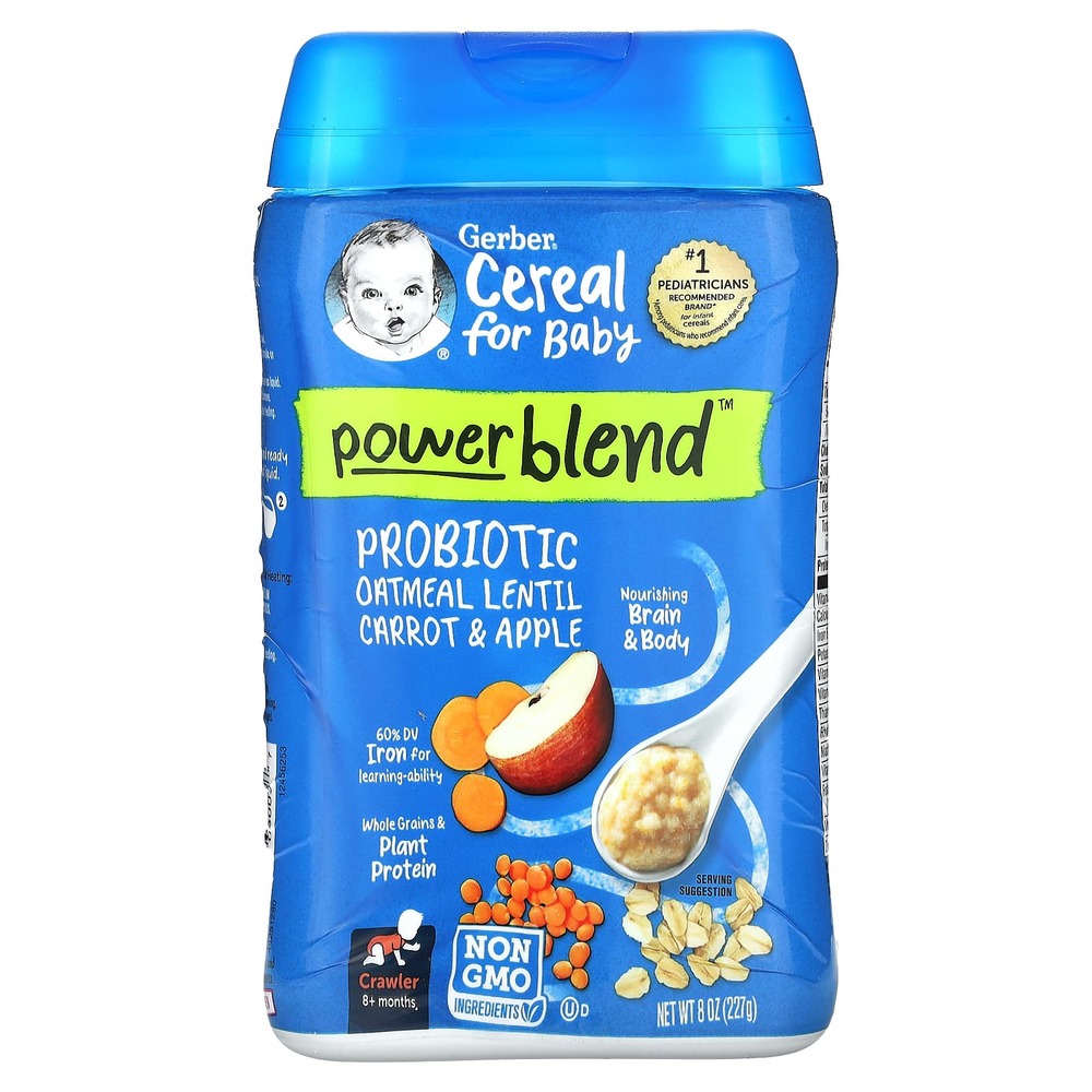 Gerber, Cereal for Baby, смесь Power Blend, от 8 месяцев, овсянка с пробиотиком, чечевица, морковь и яблоко, 227 г (8 унций)