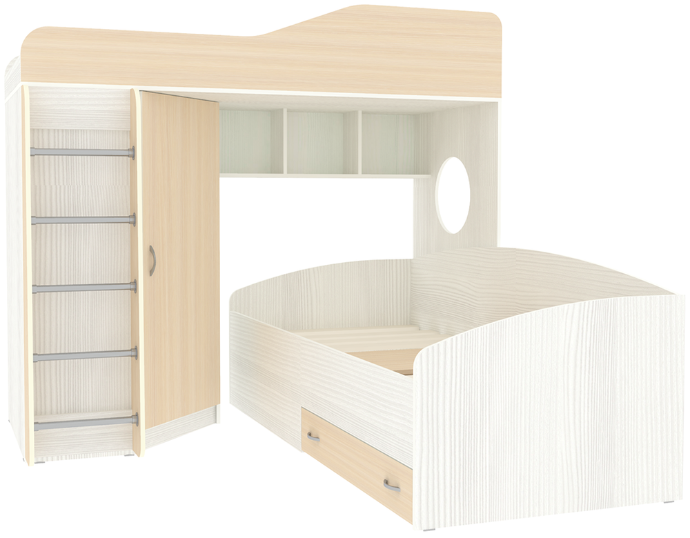 Кровать-чердак КарИВи Кадет 2 с металлической лестницей Белое Дерево  Дуб Молочный