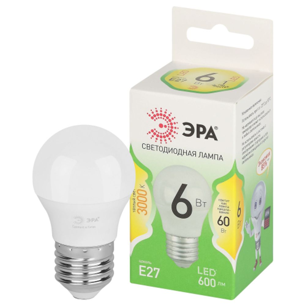 Лампочка светодиодная ЭРА GREEN LINE LED P45-6W-830-E27 GL E27 6 Вт шар теплый свет | Лампы cветодиодные Шар (G/P)