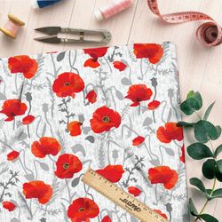 Ткань флис красные маки и серые стебли