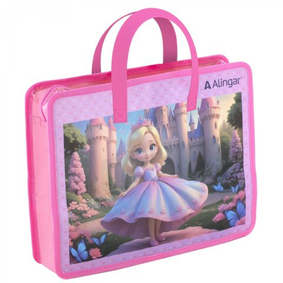 Папка с ручками 1 отделение, А4 265х335х90мм, Alingar, пластик, ручки тесьма, дизайн с двух сторон, молния сверху, "Принцесса"