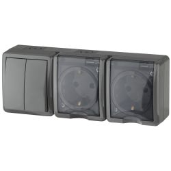 Блок две розетки + выключатель ЭРА Эксперт 11-7404-03 двойной IP54 16A-10AX-250В ОУ серый