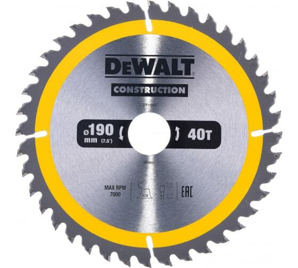 DeWalt, DT1945, Пильный диск CONSTRUCT 190/30 40 ATB +10°, шт