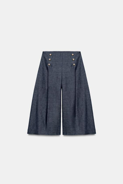 ZARA УДЛИНЕННЫЕ ШОРТЫ ИЗ ЛЬНА С ПУГОВИЦАМИ, ИНДИГО