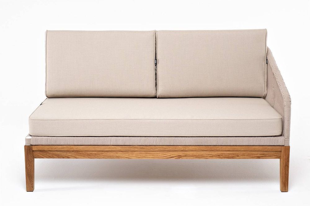 "Канны" левый модуль плетеный из роупа, основание дуб, роуп бежевый круглый, ткань бежевая 052