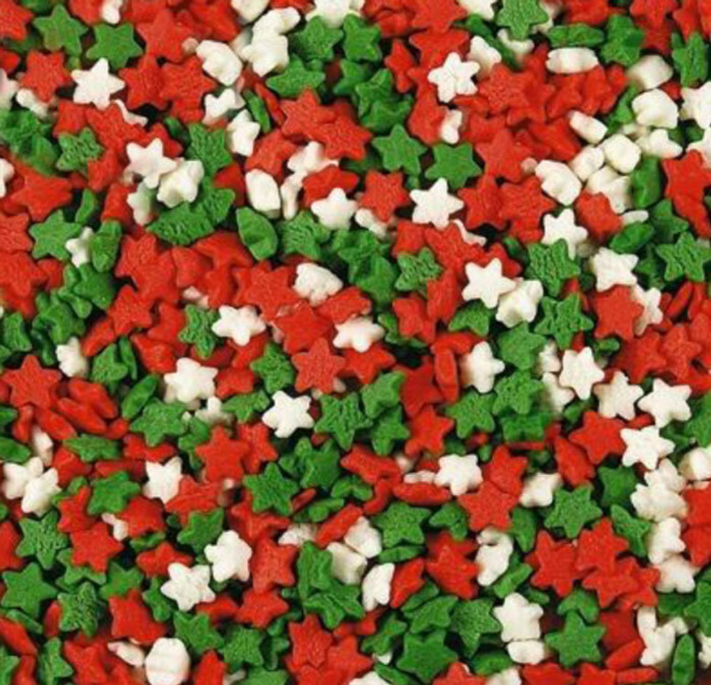 Посыпка звезды красно-зелено-белые 100 гр