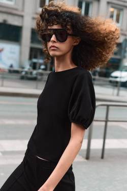 ZARA ТОП С ОБЪЕМНЫМИ РУКАВАМИ, ЧЕРНЫЙ