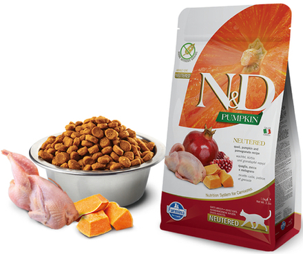 Сухой корм FARMINA N&D Pumpkin для взрослых стерилизованных кошек, с перепелом, гранатом и тыквой - 5 кг