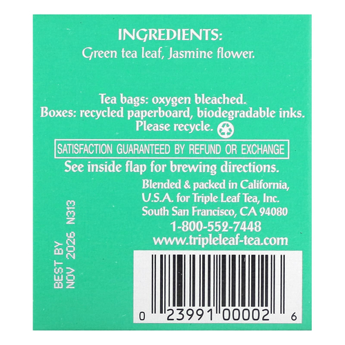 Triple Leaf Tea, зеленый чай с жасмином, 20 чайных пакетиков, 38 г (1,34 унции)