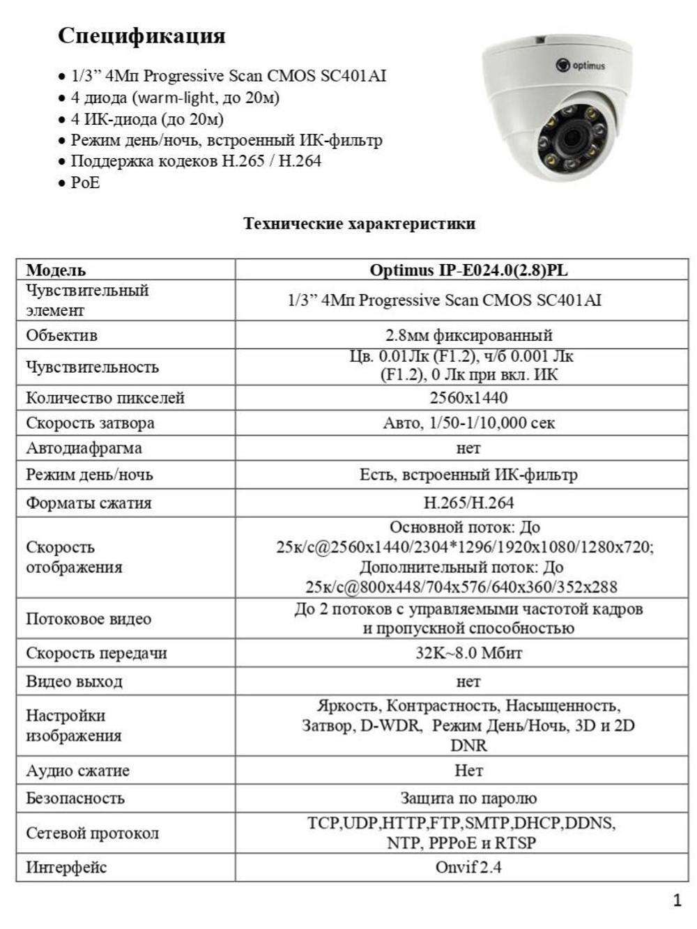 Видеокамера Optimus IP-E024.0(2.8)PL