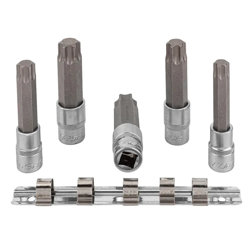 Набор головок-бит Torx 6-лучевых, 5 пр.(Т60,Т70,Т80,Т90,Т100, L-100мм) 1/2'', на планке Forsage F-40914L