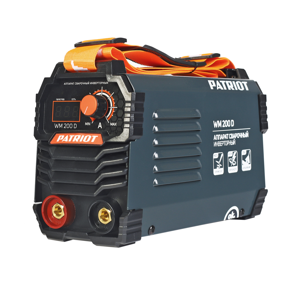 Аппарат сварочный инверторный PATRIOT WM 200D MMA, входное напряжение:1ф,140-240В; сварочный ток макс: 200A; ПВ при макс. токе:70%, дисплей, ARC FORCE,ANTI STICK, HOT START