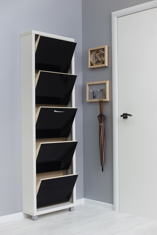 Обувница в прихожую компактная для обуви Люкс 5 черное стекло белая