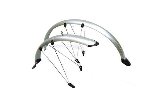 Крылья TRIX 26", комплект переднее/заднее, металло-пластик, с "усами", ширина 65мм, с брызговиками, серебристые (50)