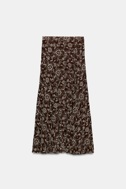 ZARA ЮБКА МИДИ С ВЫШИВКОЙ, КОРИЧНЕВЫЙ/ЭКРЮ