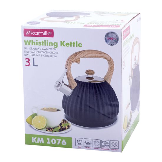 Чайник 3 л. из нержавеющей стали со свистком Kamille KM-1076 черный с ручкой под дерево