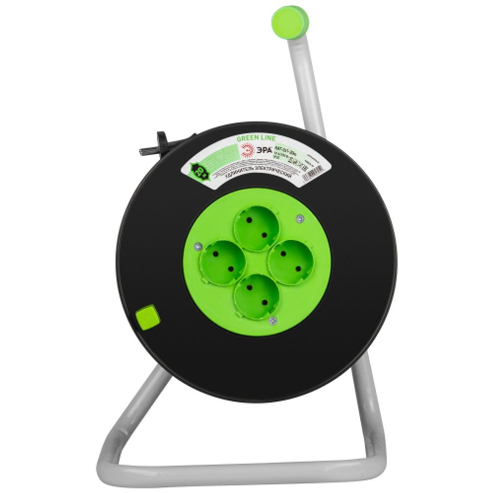 Удлинитель силовой ЭРА GREEN LINE KAT-2x1-20m Greenline на катушке пластик 4 розетки без заземления 20м ПВС 2x1мм2 | Силовые удлинители